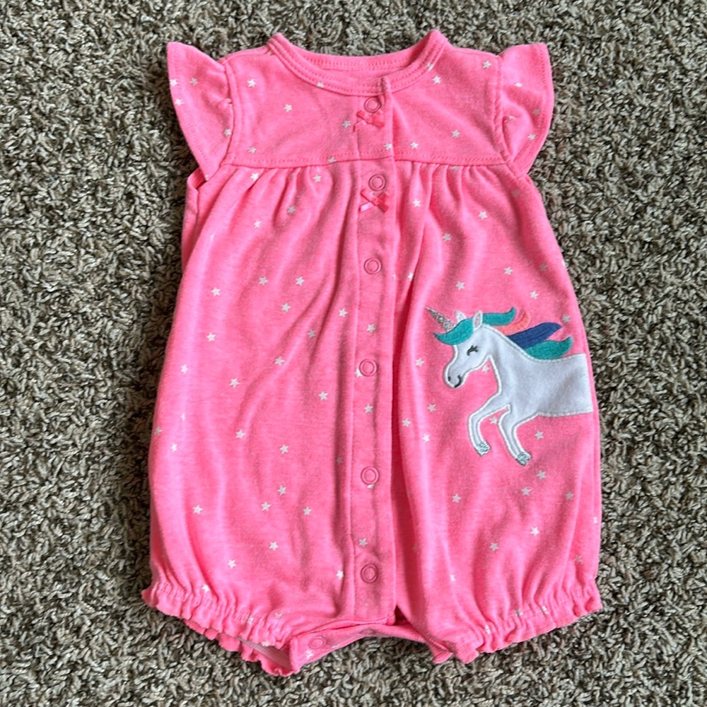 Carter’s Baby Girl Pink Star Print Unicorn Romper Flutter Sleeve Size 3 Months